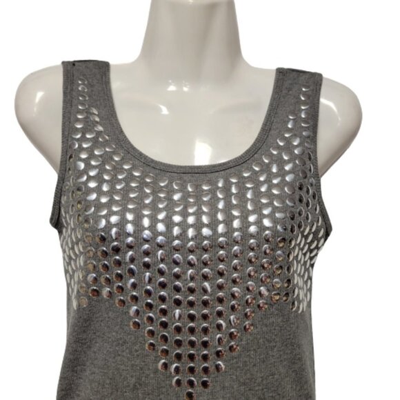 Grey Top Sleeveless Casual Cotton Tank Top with Beaded Neckline - Picture 2 of 11